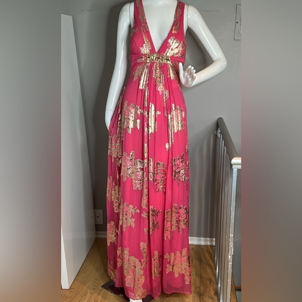 Xscape Sz 10 Pink Silk Gold Lurex Full Length Sleevles Gown Maxi Dress - Picture 4 of 14
